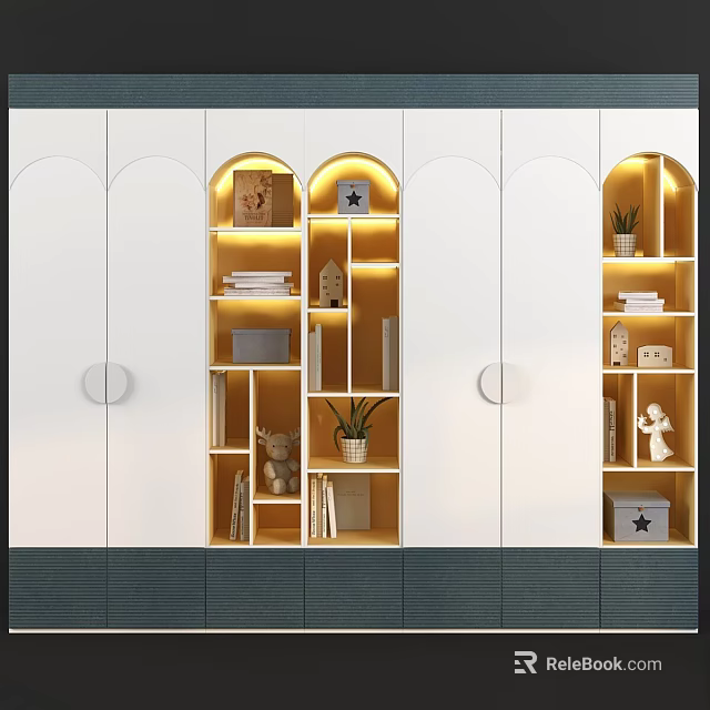 Modern White Wardrobe with Arched Open Shelves Lighting Books and Decorations 3d model 