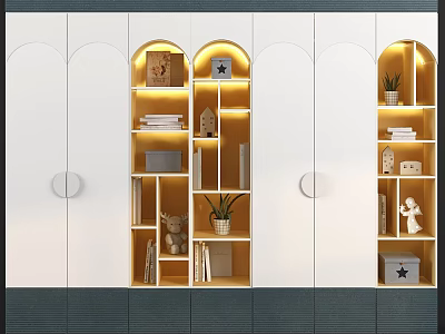 Modern White Wardrobe with Arched Open Shelves Lighting Books and Decorations 3d model