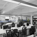 Spacious Public Office Area With Desks Computers Office Chairs Bookshelves And Green Plants