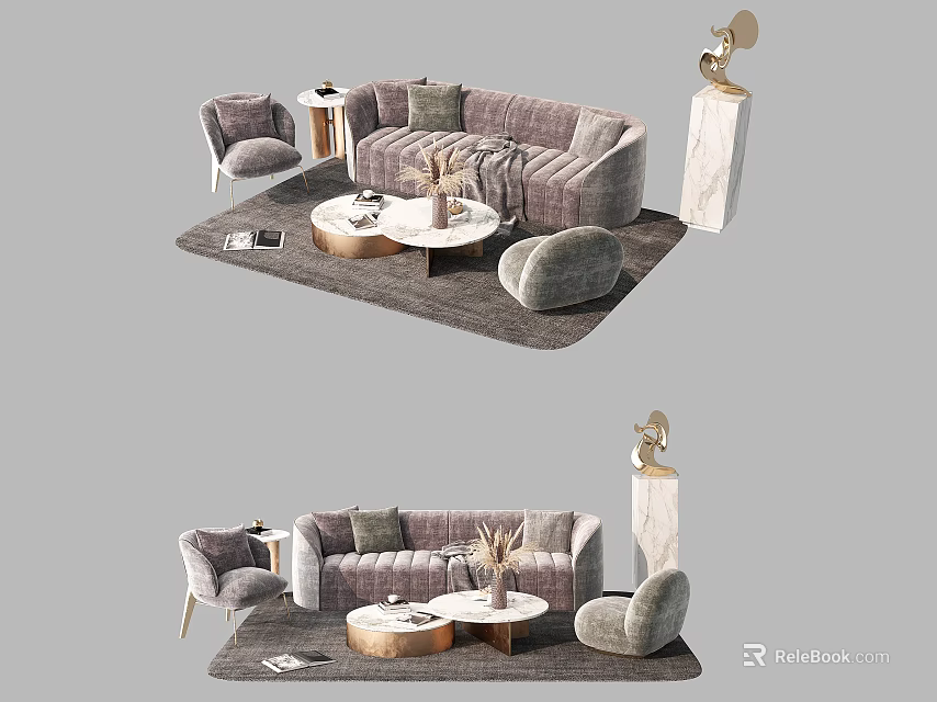 Modern Living Room Sofa and Coffee Table Set with Armchairs and Decorative Rug 3d model 