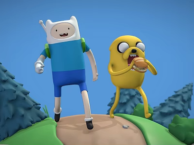 Finn and Jake Adventure Time Characters Eating Burger on Hill with Green Trees Blue Sky 3d model