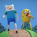 Finn and Jake Adventure Time Characters Eating Burger on Hill with Green Trees Blue Sky