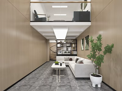 Modern Minimalist Apartment Living Room With Spiral Staircase Mezzanine Wooden Walls And Gray Marble Floor 3d model