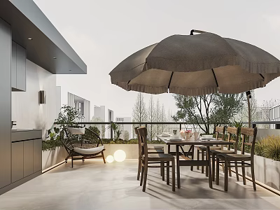Modern Outdoor Terrace Dining Area With Gray Umbrella Wooden Table Gray Kitchen Cabinets And Plants 3d model