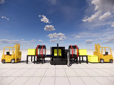 Industrial Equipment Scene With Yellow Forklifts Black Robotic Arms And Machinery 3d model