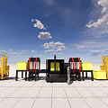 Industrial Equipment Scene With Yellow Forklifts Black Robotic Arms And Machinery