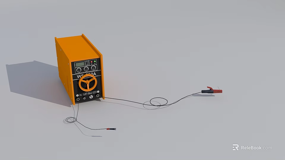 Orange Industrial Welder With Control Panel Knobs And Connected Cables Clamps 3d model