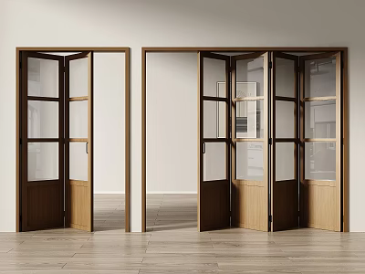 Wooden Folding Doors With Glass Panels In Open Interior Design 3d model