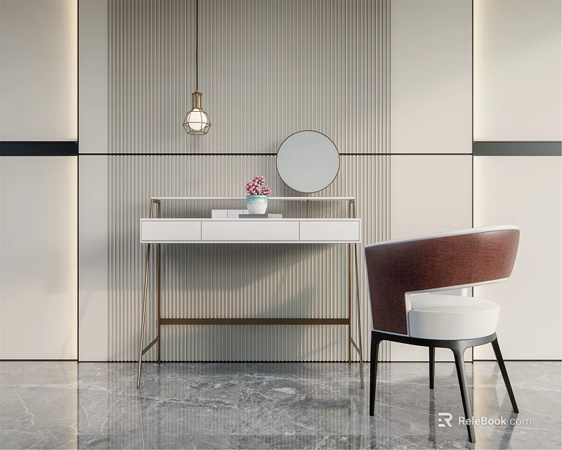 Modern Dressing Table With Round Mirror Leather Chair Striped Wall And Pendant Light 3d model 