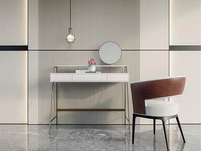 Modern Dressing Table With Round Mirror Leather Chair Striped Wall And Pendant Light 3d model