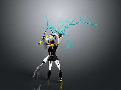 3D Character In Black White Outfit With Yellow Accents And Blue Lightning Energy Holding Weapon 3d model