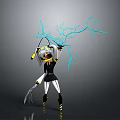 3D Character In Black White Outfit With Yellow Accents And Blue Lightning Energy Holding Weapon
