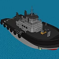 Black Gray Tugboat With Yellow Equipment And Rubber Tires Sailing On Blue Sea