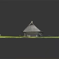 Traditional Wooden House Exterior With Thatched Roof And Green Grass Lawn
