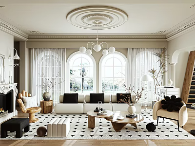 Elegant Modern Living Room With Chandelier Sofa Coffee Table Rug Armchair And Windows 3d model