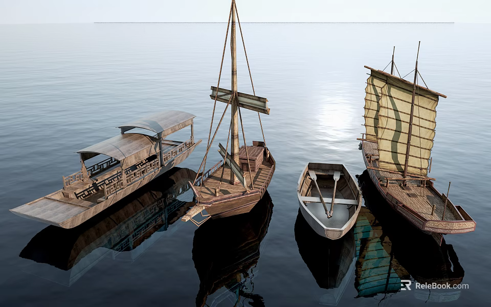 Garden Ornaments Featuring Wooden Boats on Calm Water with Clear Reflections 3d model 