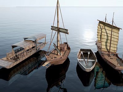 Garden Ornaments Featuring Wooden Boats on Calm Water with Clear Reflections 3d model