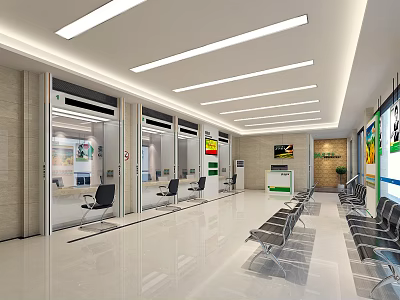 Bank Lobby Interior With Automatic Doors Waiting Chairs Service Counter Bright Lighting And Advertising Displays 3d model