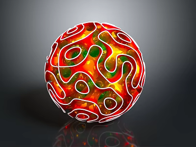 Decorative Sphere with Red Green Yellow Hues and White Curvy Patterns on Glossy Vibrant Surface 3d model