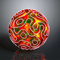 Decorative Sphere with Red Green Yellow Hues and White Curvy Patterns on Glossy Vibrant Surface
