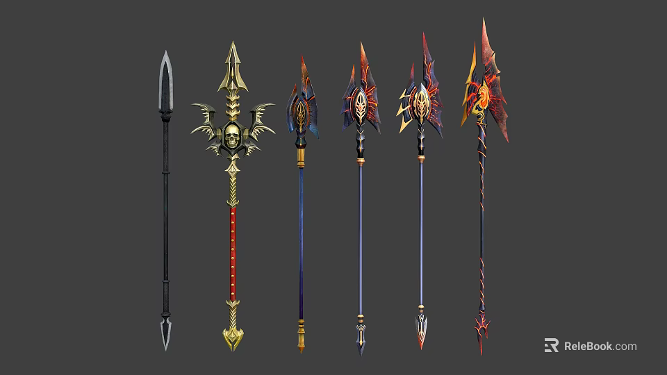 Fantasy Long Handled Weapons with Decorative Skull Flame Patterns for Game Character Equipment 3d model