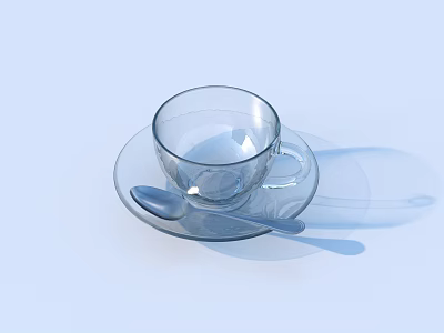 Transparent Glass Cup With Saucer And Spoon On White Background 3d model
