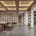 Traditional Chinese Tea Shop Interior Design With Wooden Shelves Tables Calligraphy And Green Plant