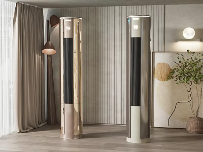 Two Modern Tower Air Conditioner Fans in Contemporary Living Room with Curtains and Floor Lamp 3d model