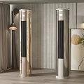Two Modern Tower Air Conditioner Fans in Contemporary Living Room with Curtains and Floor Lamp