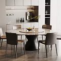 Elegant Modern Round Dining Table Set With Marble Tabletop Black Base And Six Leather Chairs
