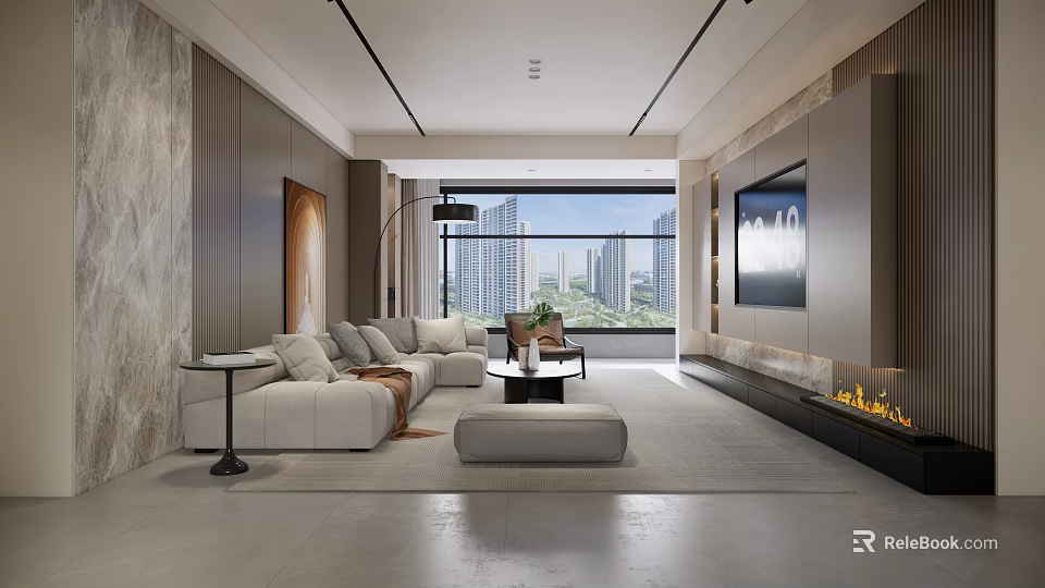 Modern Living Dining Room Interior With Sofa Coffee Table And City View Windows 3d model