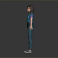 3D Character Model Wearing Blue Suspenders Pants Patterned T Shirt Purple Pink Sleeves Sneakers