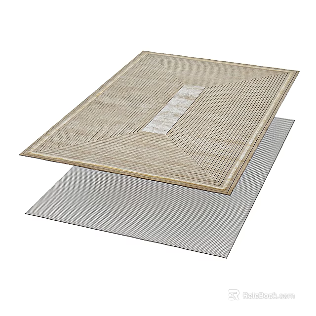 Square Rug With Striped Pattern Central Neutral Panel Light Beige Tone And Non Slip Underlay 3d model