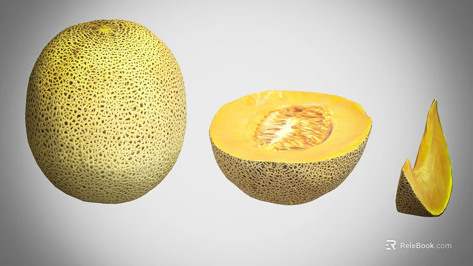 Fresh Whole Half and Sliced Ripe Cantaloupe with Juicy Orange Flesh 3d model 
