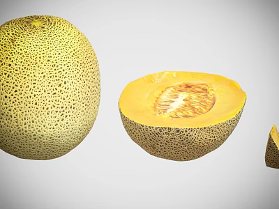 Fresh Whole Half and Sliced Ripe Cantaloupe with Juicy Orange Flesh 3d model