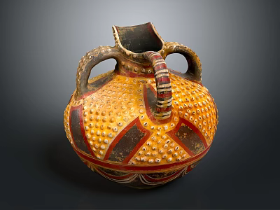 Ancient Decorative Pottery With Two Handles Orange Body And Geometric Dot Patterns 3d model