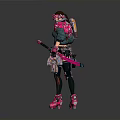 Cyberpunk Female Character With Pink Green Armor Goggles Mechanical Weapons Futuristic Sci Fi Outfit Design
