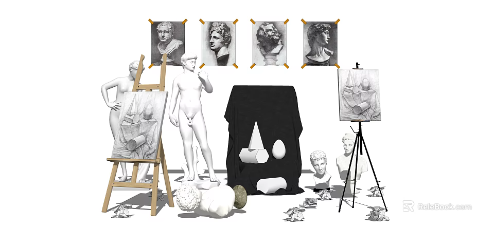 Drawing Art Supplies With Easel Plaster Statues Sketches And Sculptural Models 3d model 