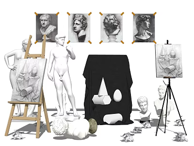 Drawing Art Supplies With Easel Plaster Statues Sketches And Sculptural Models 3d model