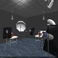Public Office Space Featuring Green Backdrop Photography Lights Reflectors Tables Chairs And Blue Carpet