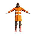 Game Movie Character In Orange Hooded Coat With Gas Mask And Reflective Stripes