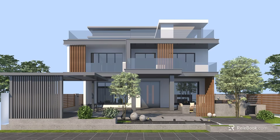 Modern Two Story Detached Villa With Glass Balcony Wooden Accents And Garden Plants 3d model 