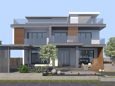 Modern Two Story Detached Villa With Glass Balcony Wooden Accents And Garden Plants 3d model