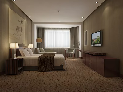 Hotel Guest Room Interior With Comfortable Bed Sofa Flat Screen TV And Decorative Painting 3d model