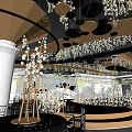 Luxurious Banquet Hall Interior With Chandeliers Circular Decorations Mirrored Stage Tables And Chairs