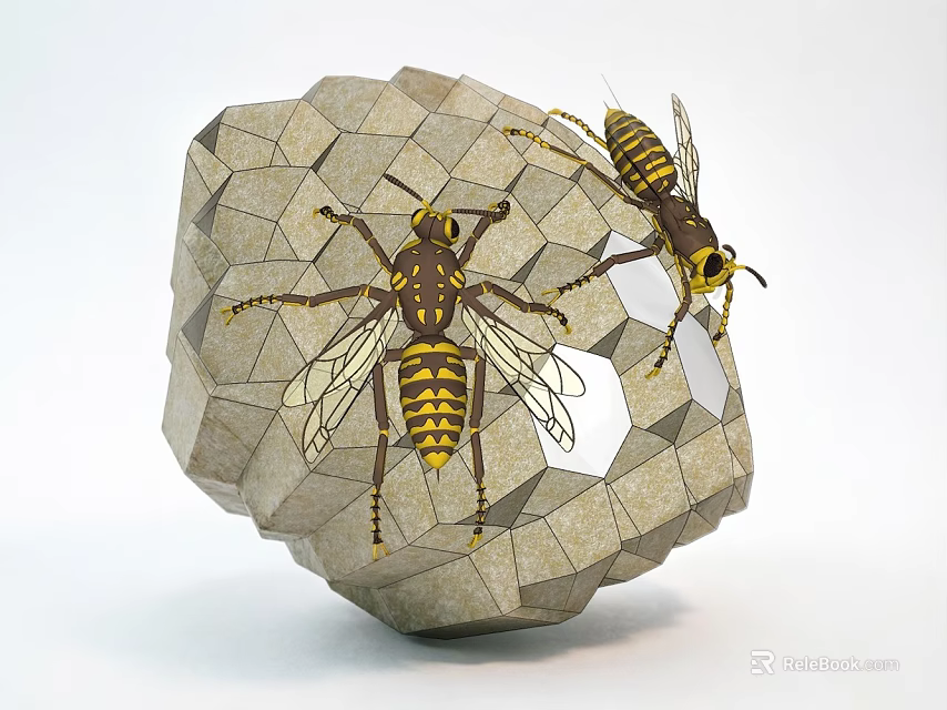 Detailed Wasp Dolls With Yellow Black Stripes And Transparent Wings On Polygonal Stone Object 3d model 