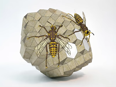 Detailed Wasp Dolls With Yellow Black Stripes And Transparent Wings On Polygonal Stone Object 3d model