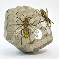 Detailed Wasp Dolls With Yellow Black Stripes And Transparent Wings On Polygonal Stone Object