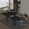Modern Black Corner Desk With Table Lamp Magazine Chair Gray Rug And Pendant Light