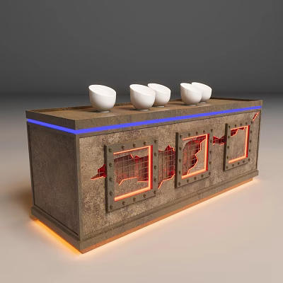 Industrial Display Shelf Featuring Textured Surface Red Grid Windows Blue Orange Lighting and White Bowls 3d model